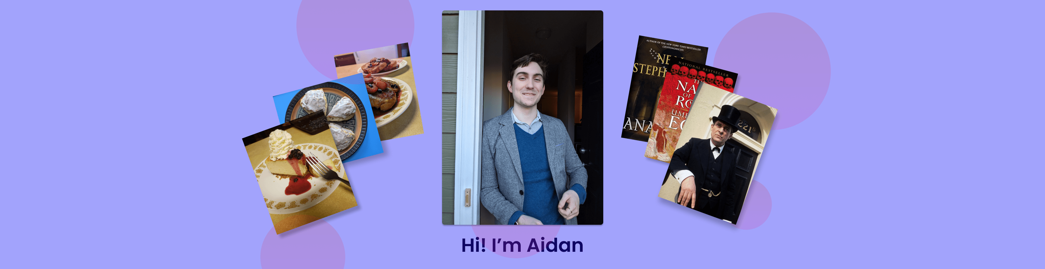 A photo of me surrounded by my hobbies photography, mystery books, and cooking.