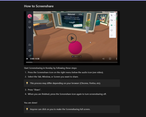 A photo of the screenshare help article live on Ronday.