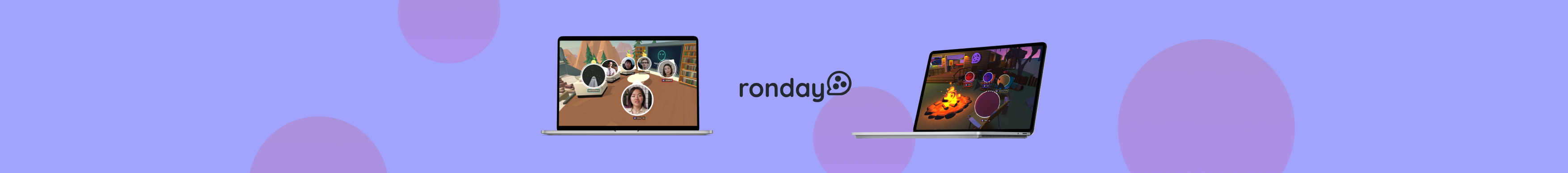 The Ronday logo surrounded by 2 laptops showing the Ronday platform in use.