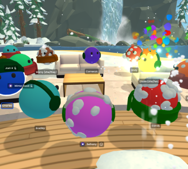 A bunch of digital orbs representing people, having a party in a Winter Wonderland.