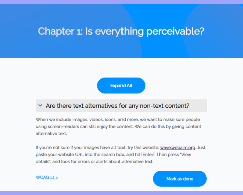 An expanded description of WCAG 1.1: Are there text alternatives for any non-text content?