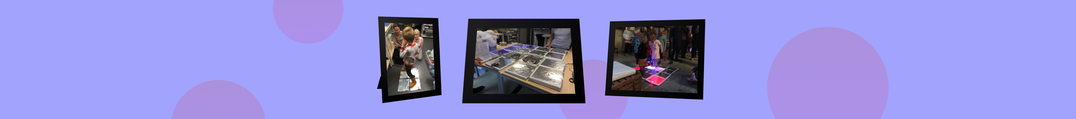 A decorative banner showing 3 images: a user test with a child, a well-lit photo of the final 16x16 prototype, and a photo from the live demonstration where multiple children are playing on the prototype.